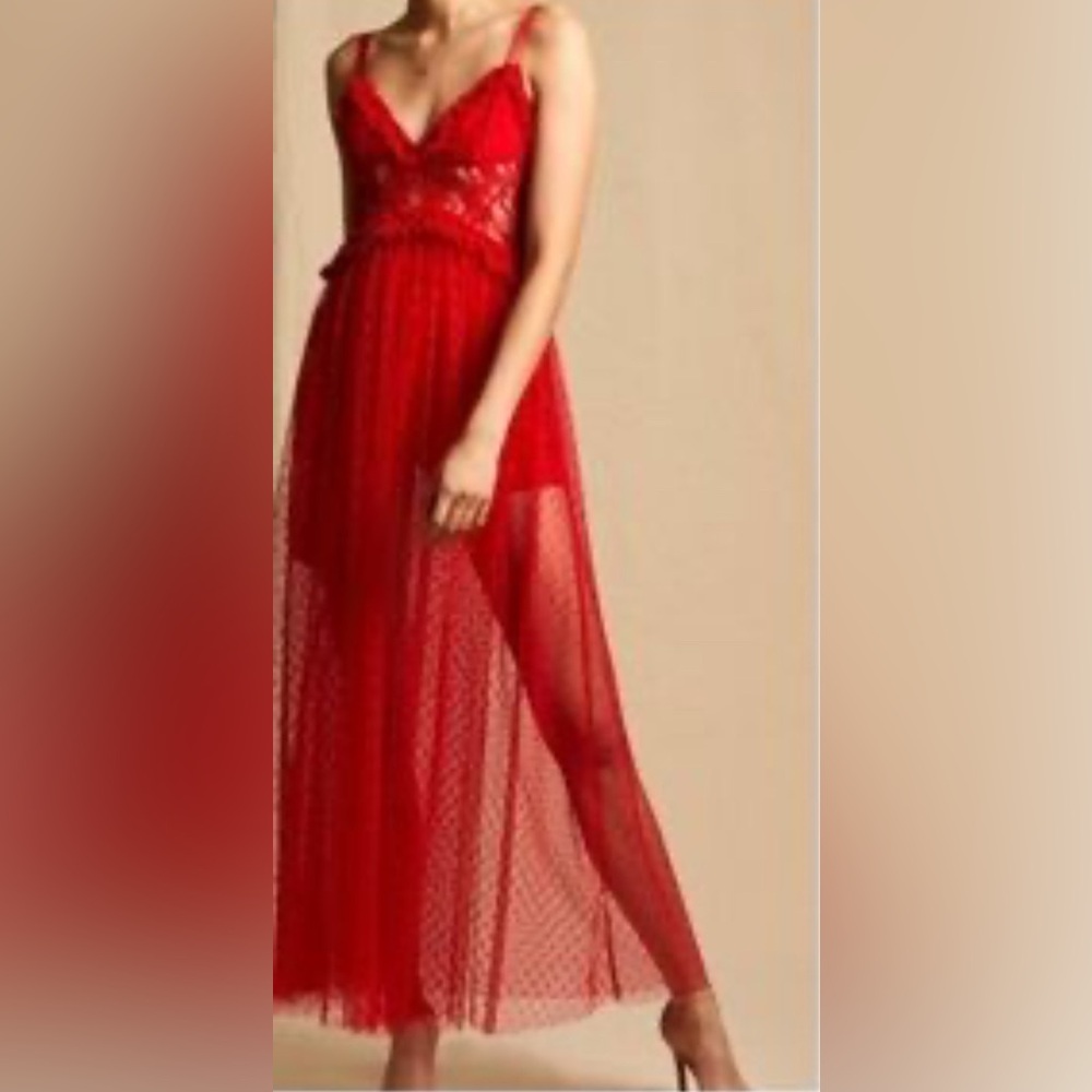 Choosy Sexy Red Lace Lingerie Sheer Polka Dot Maxi Dress w/ Shorts – Size 14 NWT